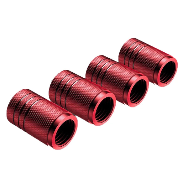 4Pcs aluminum tire valve stem caps with knurled design, universal fit for car and motorcycle wheels, dustproof and leakproof.