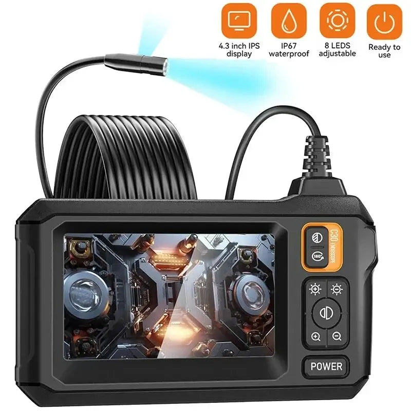 8mm Industrial Endoscope Camera with 4.3-inch IPS screen, 1080P resolution, IP67 waterproof, and 8 LED lights for pipe and car inspection