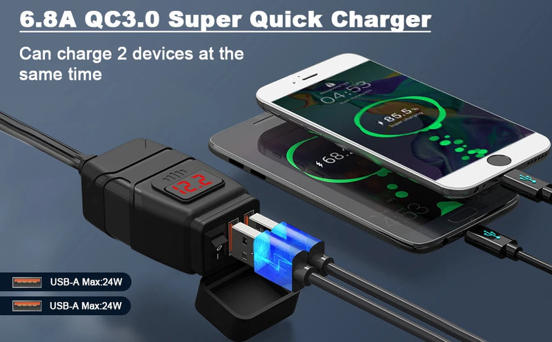 🔋 Extractme QC3.0 Motorcycle USB Charger – Waterproof 12V Handlebar Mount w/ Voltmeter ⚡