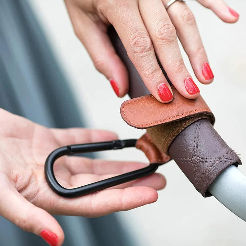 2Pcs Premium Leather Stroller Hooks – Adjustable PU Pram Clips for Diaper Bags & Baby Travel Essentials 👶👜