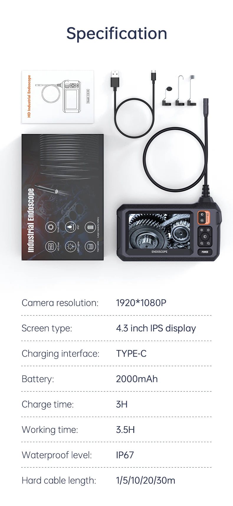 Industrial Endoscope Camera 8mm 1080P HD with 4.3" IPS Screen & 8 LED Lights – Waterproof Pipe Inspection Camera for Car Repair, Plumbing, and Borescope