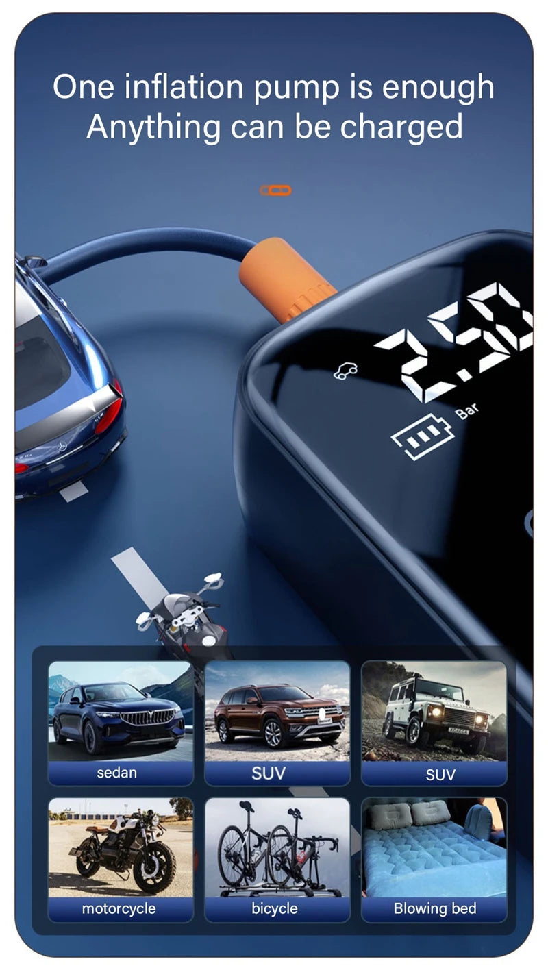 Wireless Car Air Compressor Tire Inflator Pump for Car, Motorcycle, Bicycle & Boat 🚗🏍️🚴‍♂️