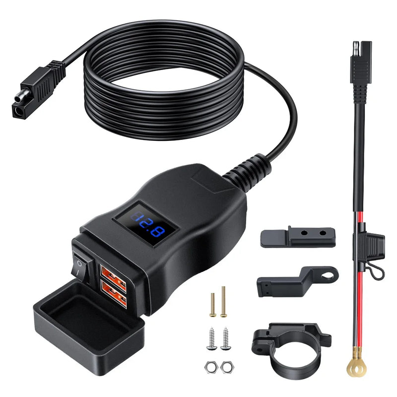 🔋 Extractme QC3.0 Motorcycle USB Charger – Waterproof 12V Handlebar Mount w/ Voltmeter ⚡