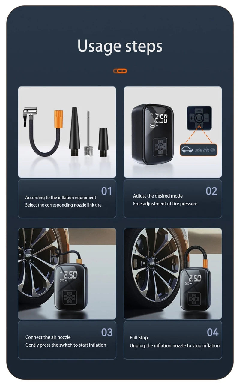 Wireless Car Air Compressor Tire Inflator Pump for Car, Motorcycle, Bicycle & Boat 🚗🏍️🚴‍♂️