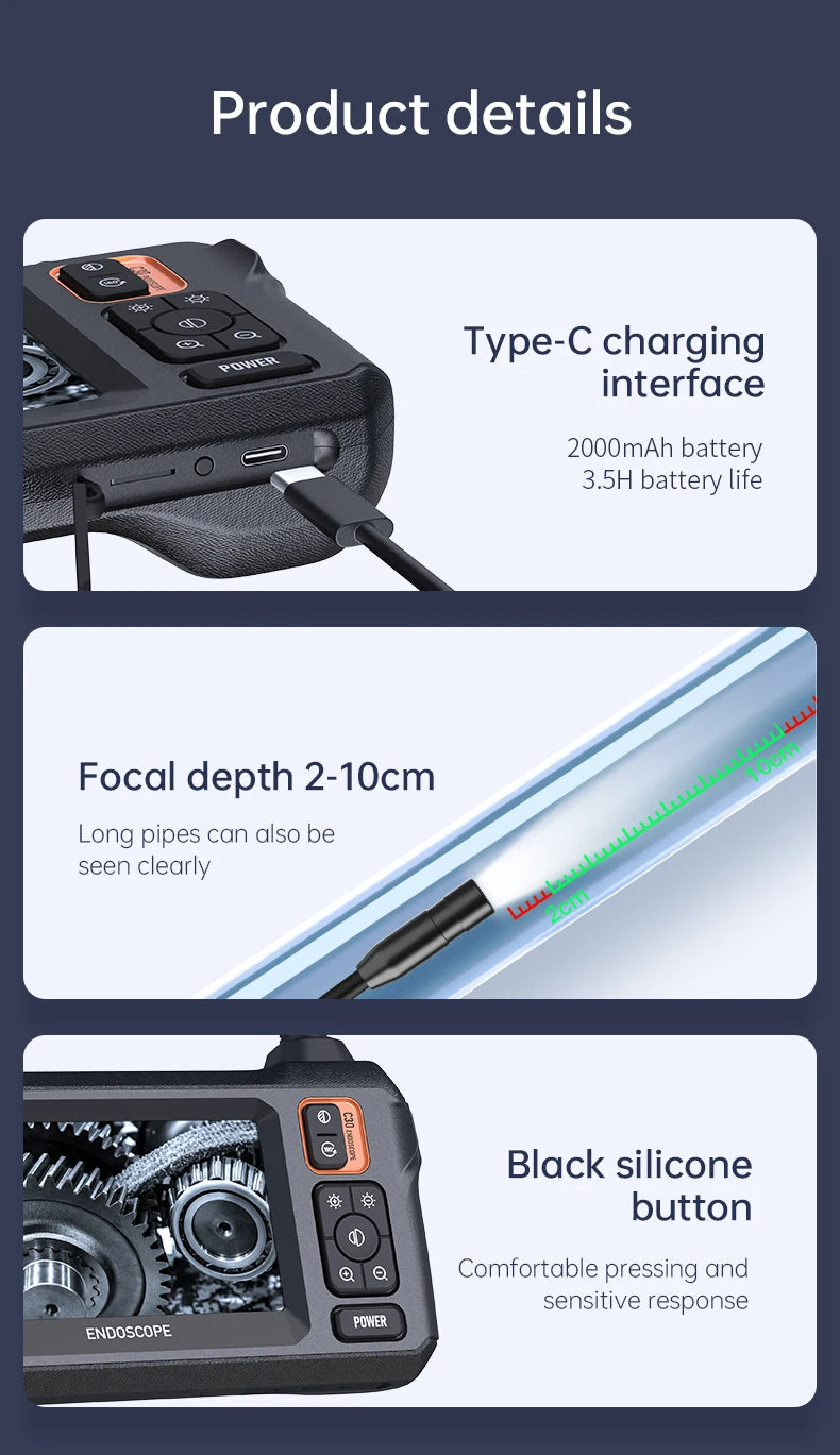 Industrial Endoscope Camera 8mm 1080P HD with 4.3" IPS Screen & 8 LED Lights – Waterproof Pipe Inspection Camera for Car Repair, Plumbing, and Borescope