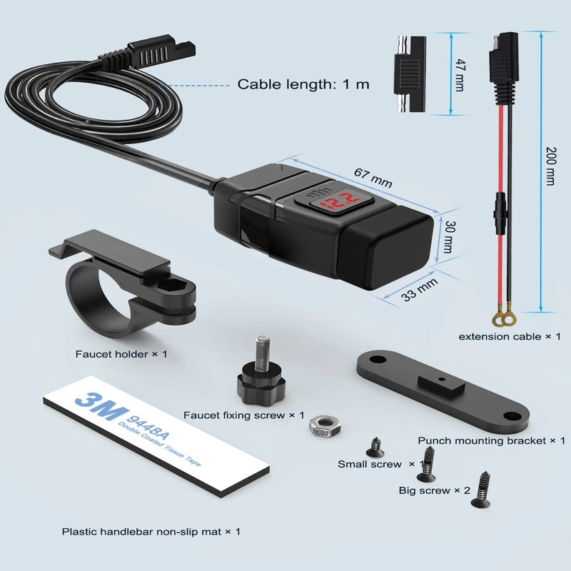 🔋 Extractme QC3.0 Motorcycle USB Charger – Waterproof 12V Handlebar Mount w/ Voltmeter ⚡