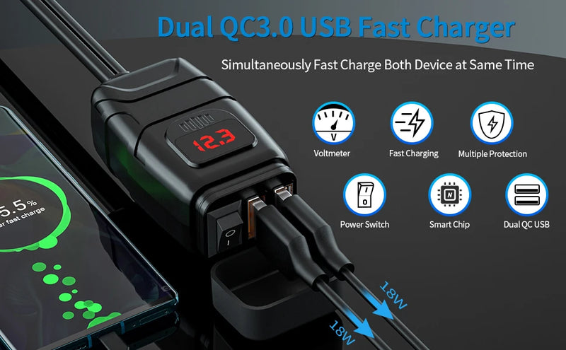 🔋 Extractme QC3.0 Motorcycle USB Charger – Waterproof 12V Handlebar Mount w/ Voltmeter ⚡