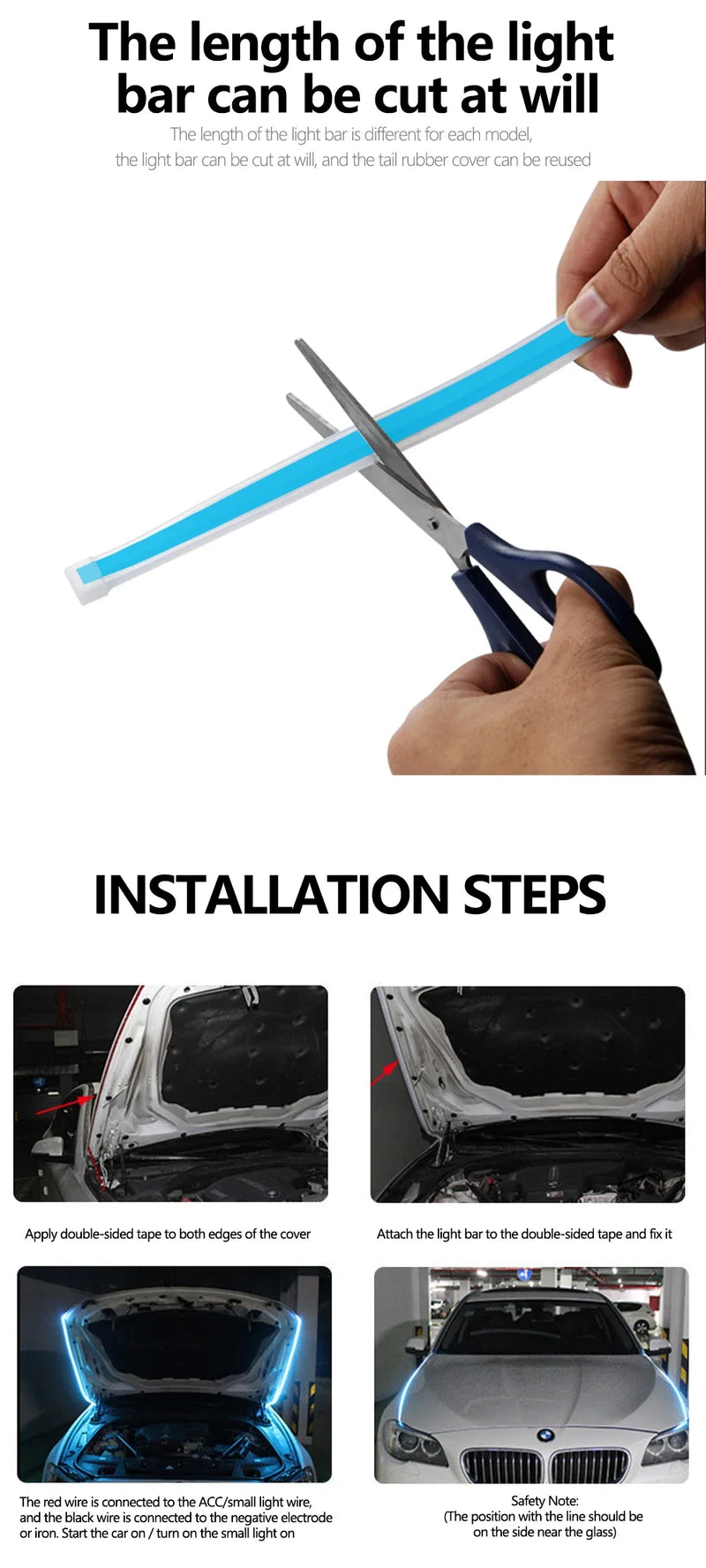 150cm LED DRL Scanning Car Hood Light Strip – 12V Decorative Ambient Engine Hood Lamp 🚗✨