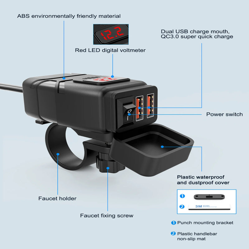 🔋 Extractme QC3.0 Motorcycle USB Charger – Waterproof 12V Handlebar Mount w/ Voltmeter ⚡