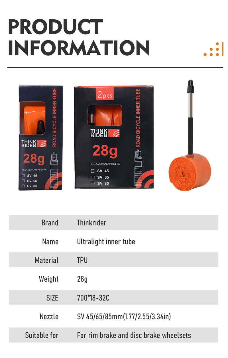 ThinkRider Ultralight 28g Bike Inner Tube - 700x18/25/28/32 TPU Material, 65mm French Valve 🚴‍♂️🚲