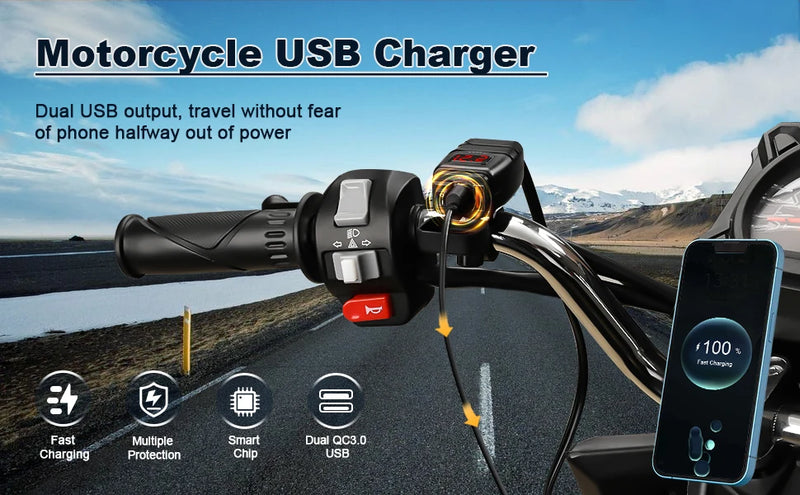 🔋 Extractme QC3.0 Motorcycle USB Charger – Waterproof 12V Handlebar Mount w/ Voltmeter ⚡