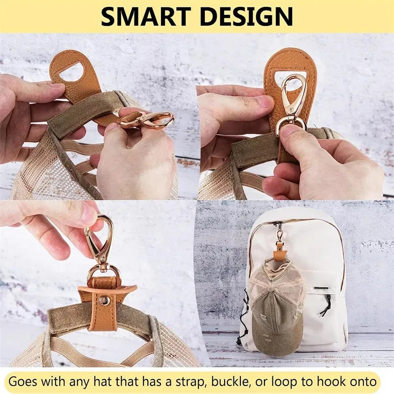 Travel Leather Hat Clip - Golf & Baseball Cap Strap, Hands-Free Glove & Towel Storage Clip
