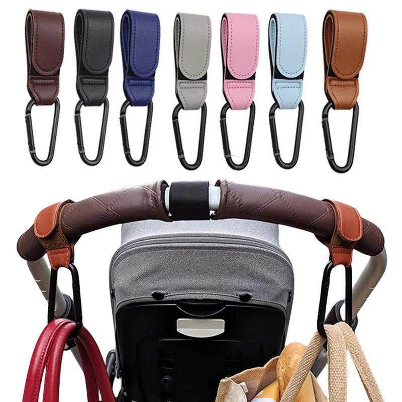 2Pcs Premium Leather Stroller Hooks – Adjustable PU Pram Clips for Diaper Bags & Baby Travel Essentials 👶👜