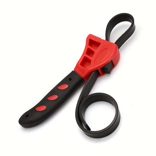 Adjustable 6-inch strap wrench with rubber belt for oil filter removal, plumbing, and jar opening – heavy-duty multipurpose tool.