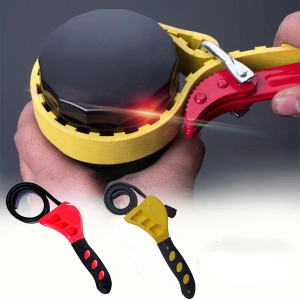 Adjustable 6-inch strap wrench with rubber belt for oil filter removal, plumbing, and jar opening – heavy-duty multipurpose tool.
