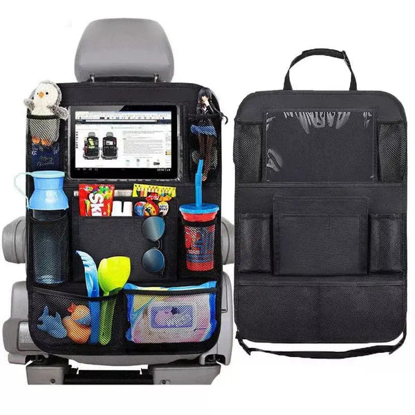 Car backseat organizer with touchscreen tablet holder, multi-pocket storage, and seat back protector – perfect for kids and road trips