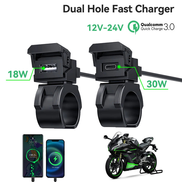 Extractme QC3.0 Motorcycle USB Charger – Waterproof 12V Handlebar Mount with Voltmeter and Fast Charging USB Ports

