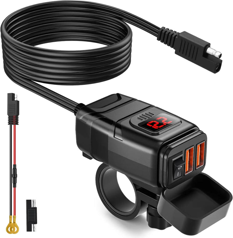Extractme QC3.0 Motorcycle USB Charger – Waterproof 12V Handlebar Mount with Voltmeter and Fast Charging USB Ports