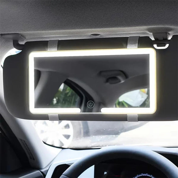 HD LED Car Vanity Mirror with dimmable touchscreen, three light modes, and sun visor mounting for easy makeup application on the go