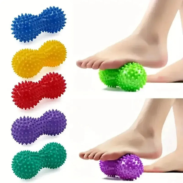 Peanut Spiky Massage Ball for foot pain relief, muscle relaxation, myofascial release, and stress relief.