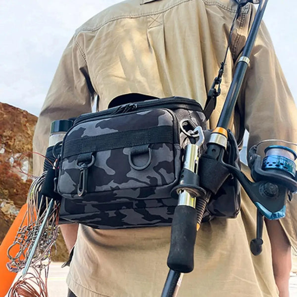ProCatch™ waterproof fishing tackle shoulder bag with portable rod holder, ideal for fly fishing and outdoor gear storage