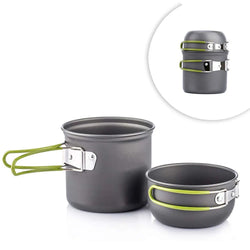 Ultralight camping cookware set with portable outdoor cooking pots and tableware for hiking, trekking, fishing, and backpacking.

