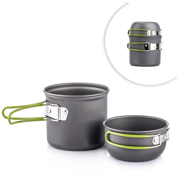 Ultralight camping cookware set with portable outdoor cooking pots and tableware for hiking, trekking, fishing, and backpacking.

