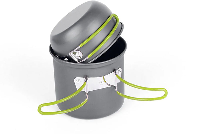 Ultralight camping cookware set with portable outdoor cooking pots and tableware for hiking, trekking, fishing, and backpacking.

