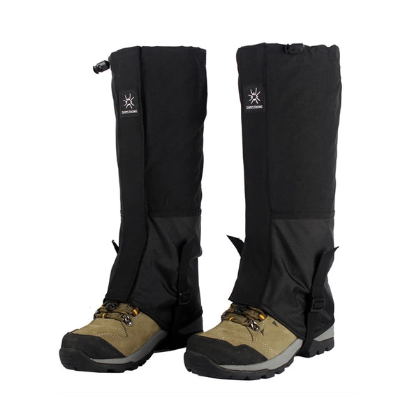 Waterproof hiking leg gaiters with long tube design and elastic strap for outdoor, climbing, and skiing protection