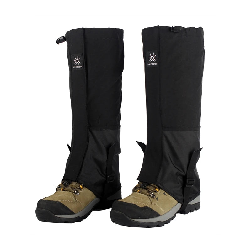 Waterproof hiking leg gaiters with long tube design and elastic strap for outdoor, climbing, and skiing protection