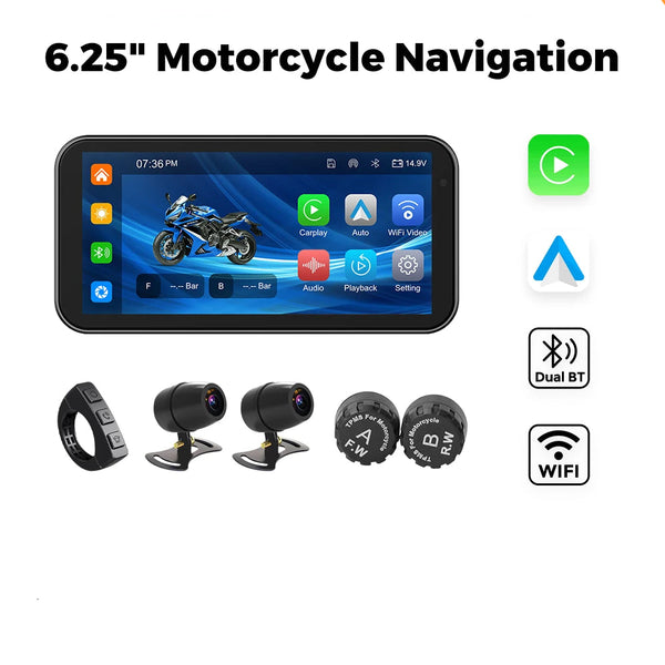 6.25 inch waterproof motorcycle GPS with wireless CarPlay, Android Auto, DVR drive recorder, and WiFi