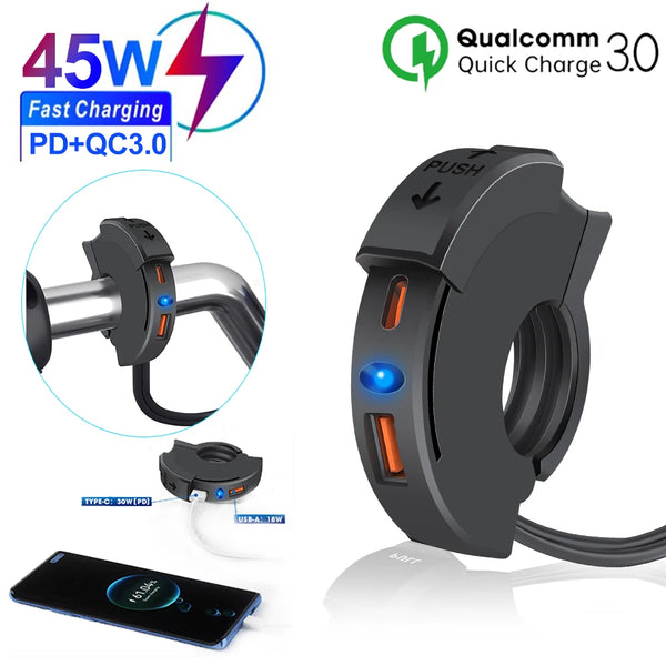 Waterproof Motorcycle USB Charger with QC 3.0 and USB-C PD Fast Charging for 12V Bikes and Scooters