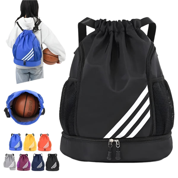 Waterproof sports basketball backpack for travel, hiking, and outdoor fitness with basketball pouch and ergonomic straps.